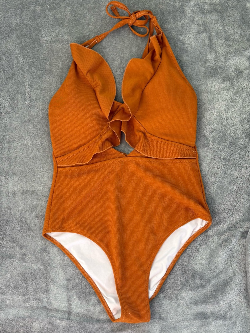 Cupshe Rust Orange Ribbed One Piece Swimsuit Ruffle Cutout Halter Size L